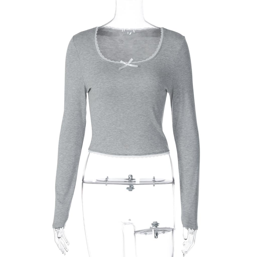 European and American ins style women's clothing autumn new square neck lace edge solid color long sleeve fashion versatile bottoming shirt top