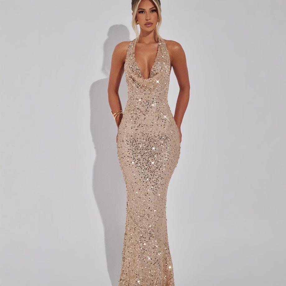 2024 Winter Women's Fashion Sequin Halter Deep V Bodycon Dress - Sexy Slimming Micro Backless Long Dress