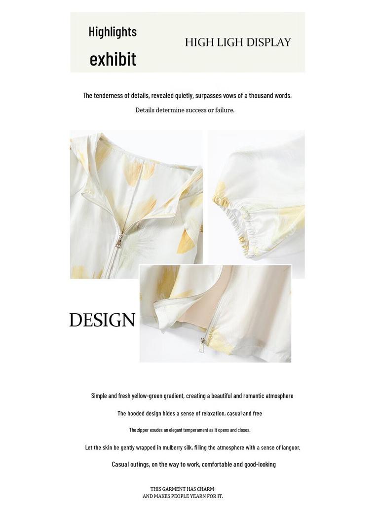 Jinjuan Women's 100% Mulberry Silk Hooded Printed Jacket