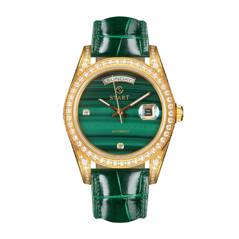 START-Malachite Men's Watch Diamond Watch Date Function Automatic Mechanical Watch Butterfly Buckle Alligator Leather Strap