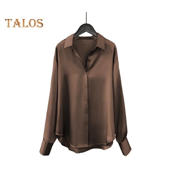 Dámská košile s klopou, dlouhým rukávem, jednoradovým zapínáním, topy, jednobarevná, hladký satén, volný střih, ležérní košile