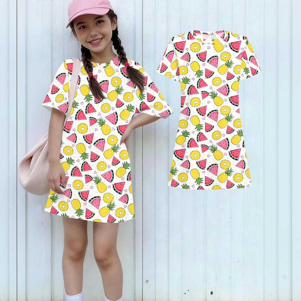 Girls Print Casual Dress Kids Loose Round Neck Short Sleeve Thin Sundress