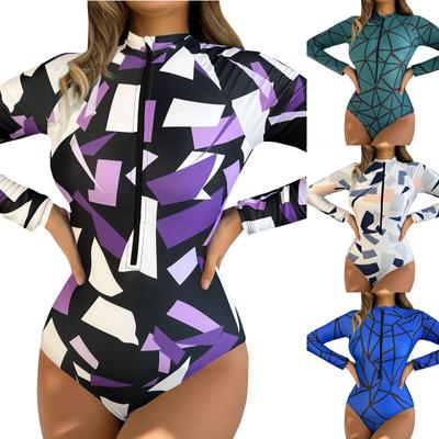 Kadın Moda Tek Parça Uzun Kollu Fermuarlı Plaj Sörfü Elastik Ve Mayo