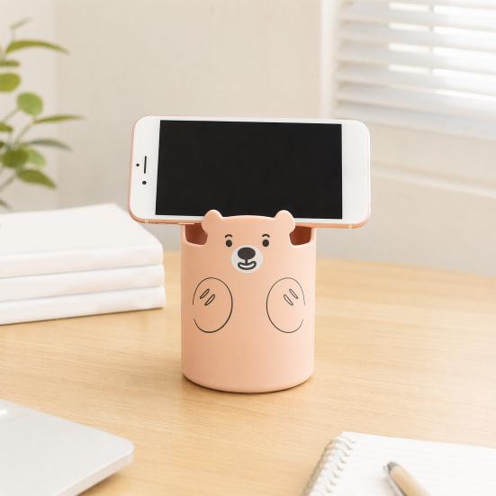 Xiaobudian Cute Bear 2-in-1 Pen Holder & Phone Stand, Macaron Colors Desk Organizer, Large Capacity Storage for Pens Makeup Brushes Scissors