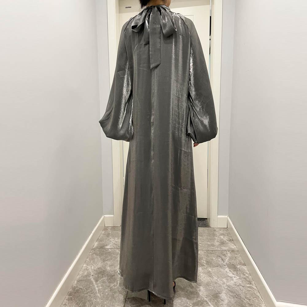 Damenkleidung, einfarbig, große Laternenärmel, helle Seide, lange Ärmel, Stehkragen, Rückenbindung, muslimisches Kleid, 6 Farben