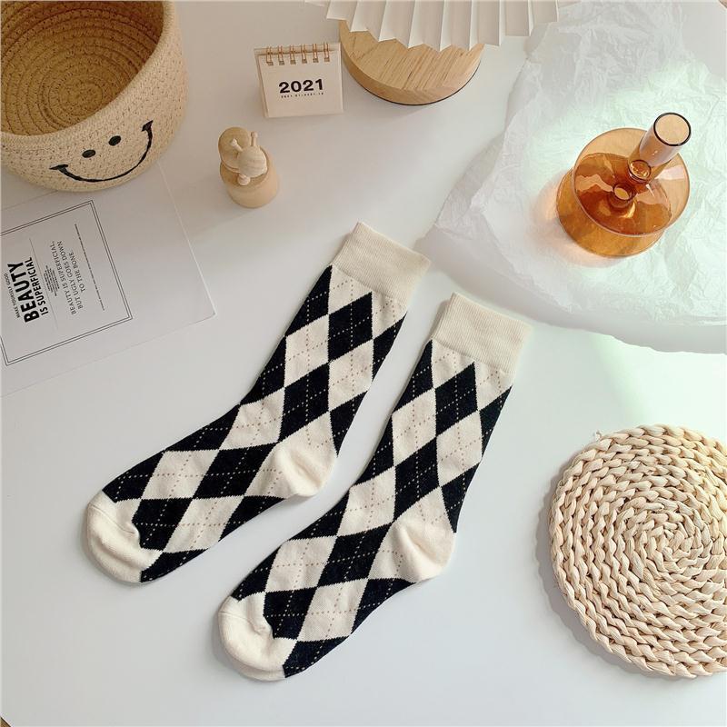 Calzini da donna a mezza gamba con motivo argyle, Primavera/Autunno, Stile Giapponese Retrò Color Caffè