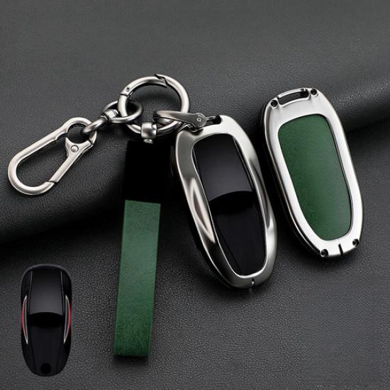 Zinc Alloy Leather Car Key Case Cover Bag With Keychain For Tesla Model S 3