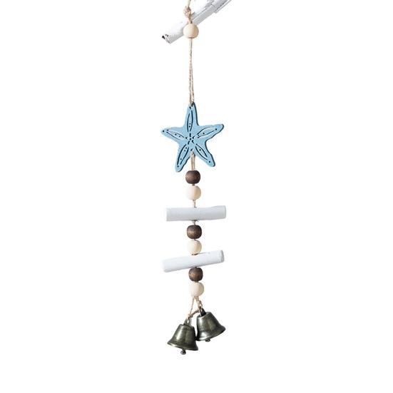 Beach Ocean Starfish Hanging Decoration with Bell Farmhouse Rustic Wooden Sailboat Shell Ornament Summer Nautical Coastal Wind Chime Pendant