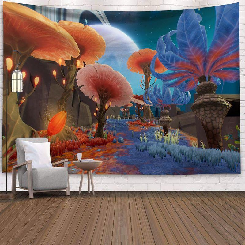 Mushroom Forest Tapestry, Peach Skin Velvet Background Fabric, Polyester Digital Printing Wall Carpet, Room Decoration Hanging Fabric