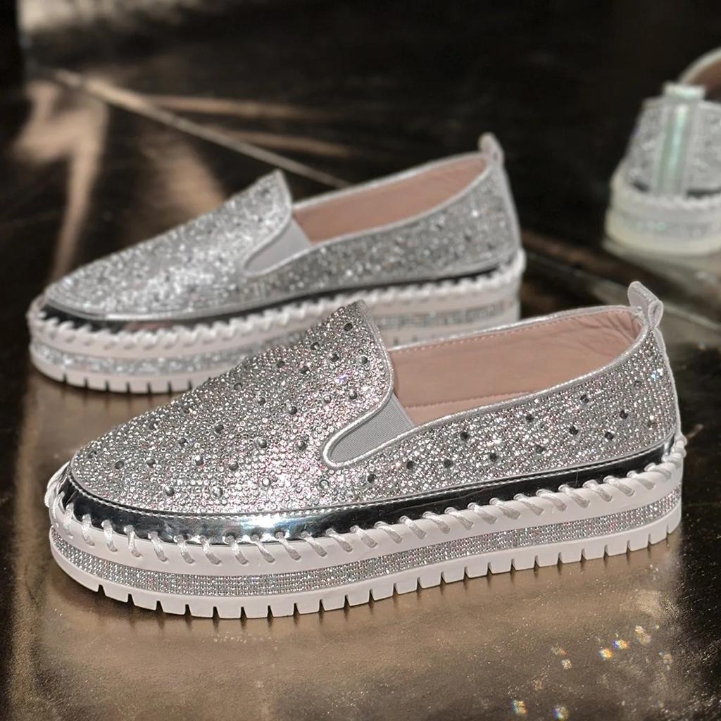 Spring 2026 Casual Fashion Thick Bottom Slip-On Loafers Diamond Embellished Large Size Flat Shoes round Toe Rubber Sole