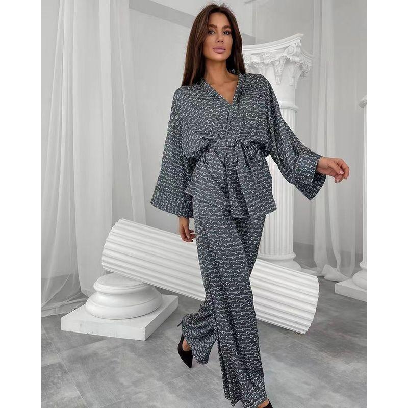 Western Style Print Cardigan Top Trousers Loose Set Women Home Wear Printed Top Set