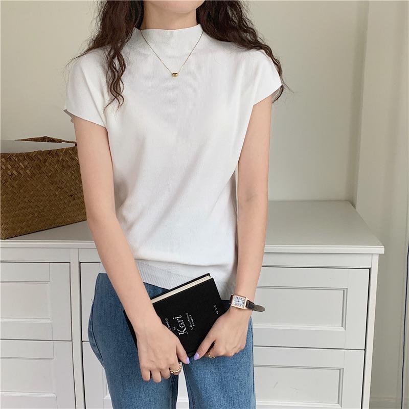Ice Silk Knitted Short-sleeved Top Women's Semi-turtleneck Slim Knitted Sweater Women's Shirt Base Outer Wear Short Summer