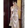 Acetate satin dress for women, new summer off-shoulder sophisticated off-shoulder sway neckline, waist-cinching hip-wrapping long dress