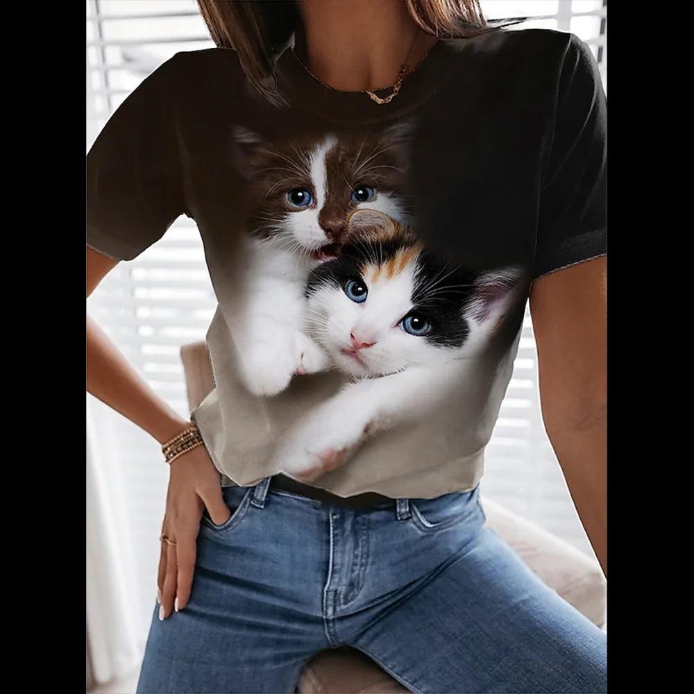Women's 3d Cute Cat Print T Shirt Fashion Womens Tees Y2k Tops Harujuku Kawaii Oversized Summer O-Neck Top Female Clothing