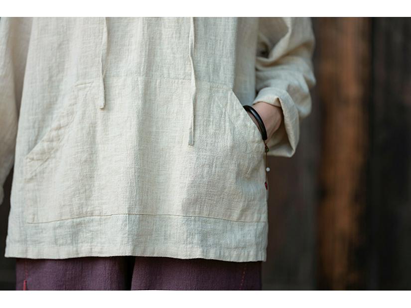 Artistic Retro Women's Long-Sleeved Hooded Linen Pullover Sweatshirt - Loose Casual Washed Cotton Top