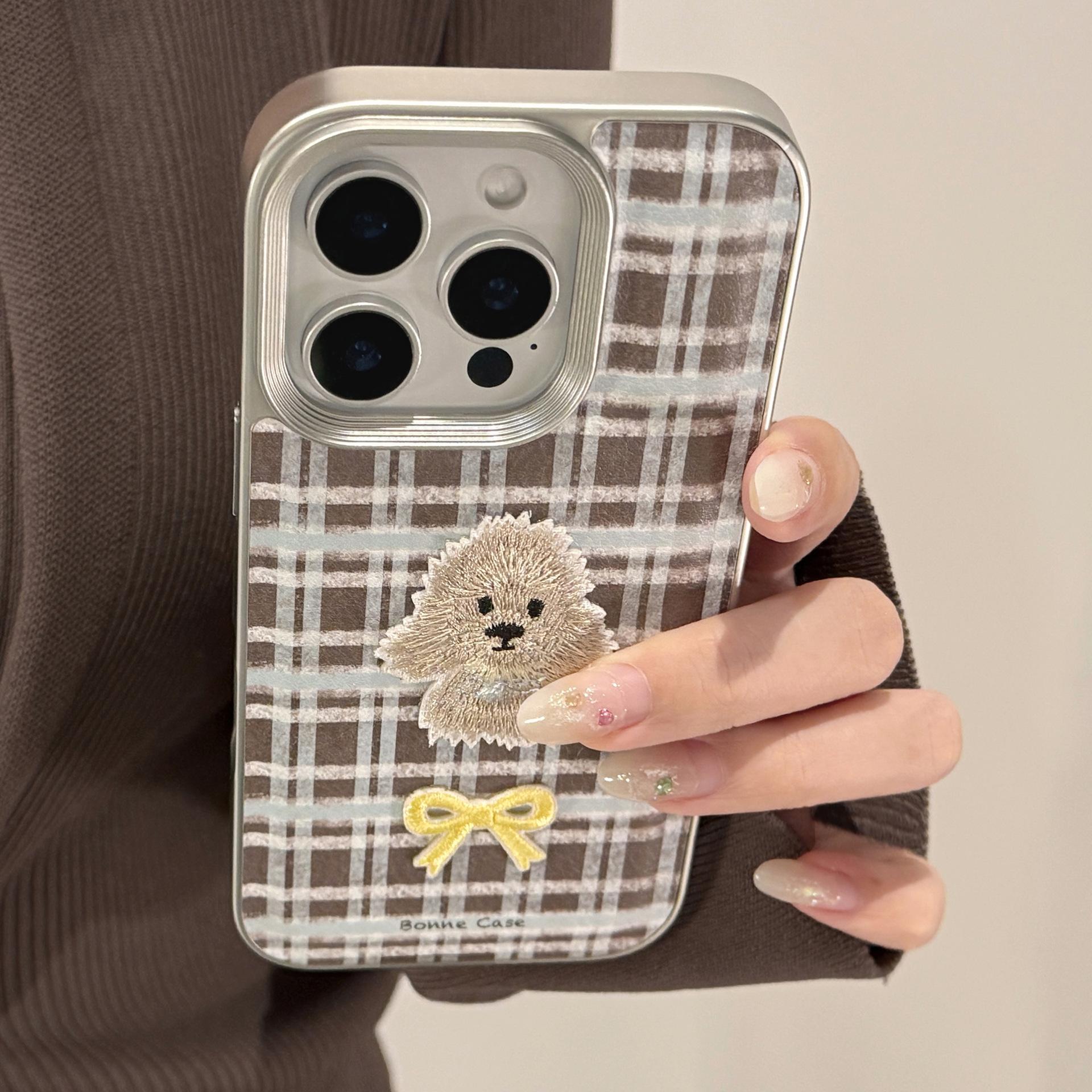 

Grid Embroidery Puppy for Apple 16 Phone Case 17promax for IPhone15 Retro Leather 11 Anti Drop 14 11