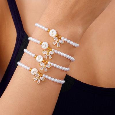 Dainty Imitation Pearls 26 Letters Initial Bracelet for Women Light Luxury Zircon Bow Pendant Bracelet Girl Wrist Jewelry Gift