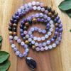 Natural Rose Quartz,Lepidolite,Amethyst Mala Necklace,108 Hand Knotted Meditation Japa Mala,Healing Crystals,Yoga Prayer Gift