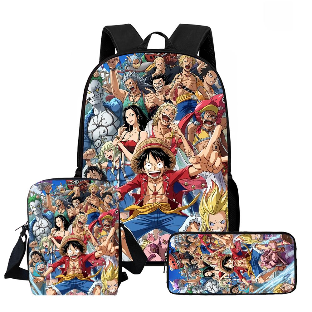 One Piece 3-In-1 Cartoon Lightweight Durable School Backpack with Crossbody Bag Pencil Case for Children Age 6-10 Primary School