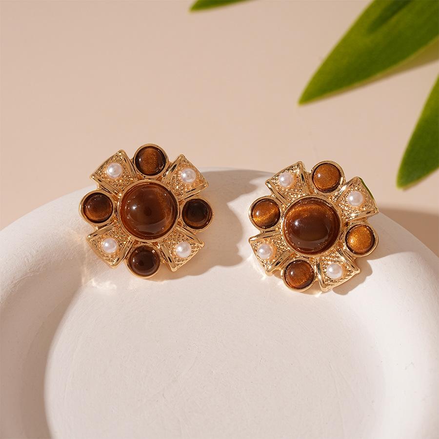 Серебряные серьги-гвоздики с имитацией жемчуга в виде цветка, в стиле Майяра, ретро серьги