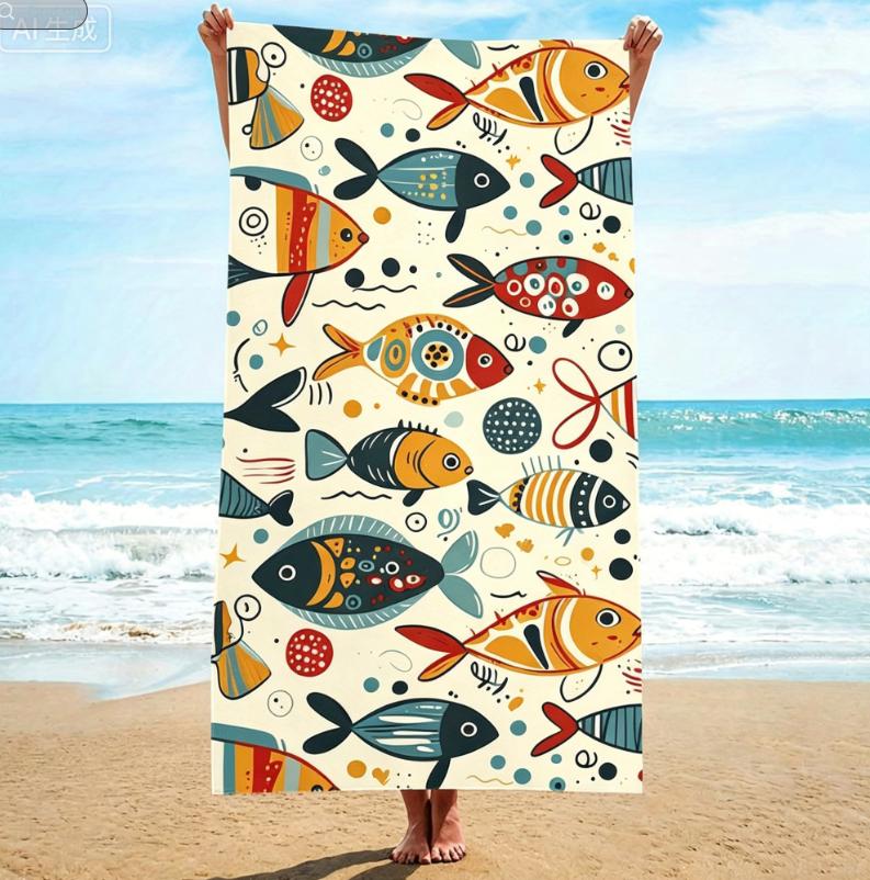 Multi-Colored Fish Pattern Beach Towel Quick-Drying Ultra-Fine Fiber Strong Wrap Design Suitable for Beach And Pool Use