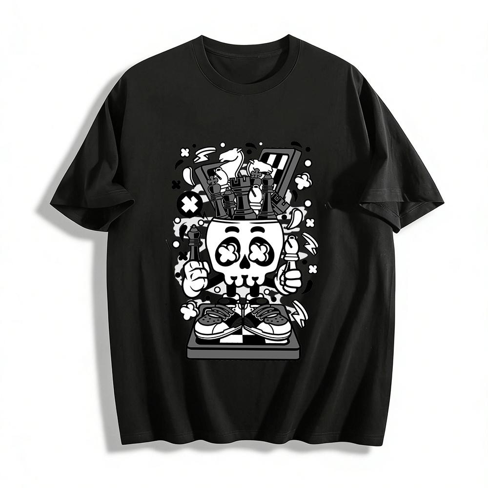 

Skull Chess Print T-Shirt Street Style Checkerboard Casual Top Pure cotton T-shirt XXS