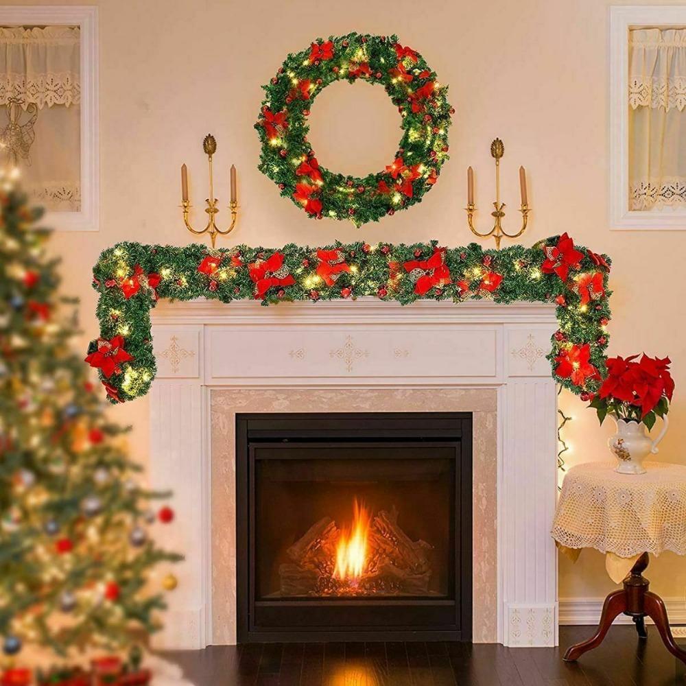 2.7M Christmas Garland Door Hanging Xmas Balls Christmas Wreath Artificial Flower with LED Lights Xmas Decorations Rattan