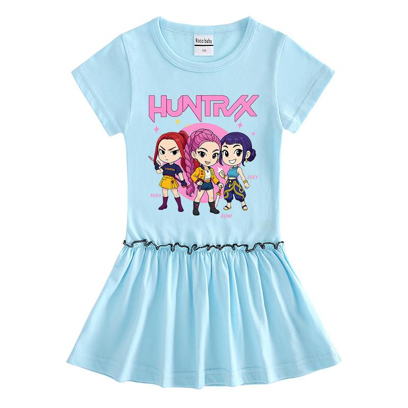 Girls Kpop Rumi Mira Zoey Hunters Print Raglan Sleeves Pleat Dress