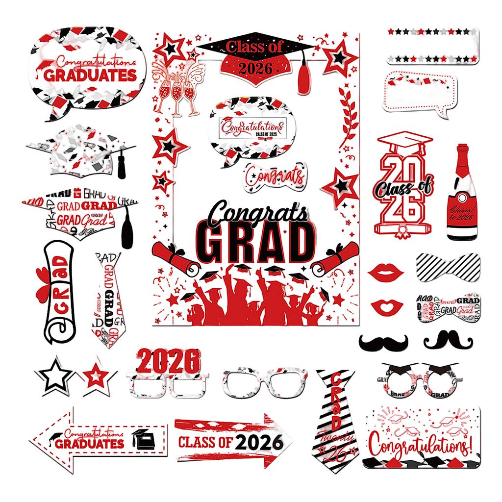 Graduation Party Photo Booth Props Set for Class of 2026 with Glasses Hats Signs and Decorative Accessories for Graduation Events