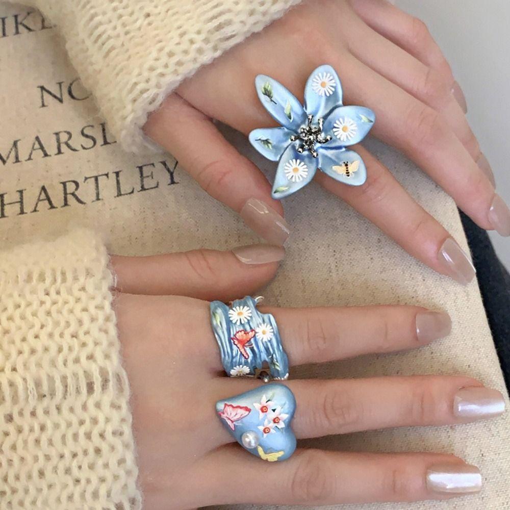 Open Ring Enamel Flower Ring Daisy Irregular Enamel Ring Personality Heart Ring  Gift