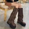 Women Round Toe Thick Soled Belt Buckle Winter Mid Calf Boots Winter Autumn Motorcycle Boot Soft Leather Side Zip