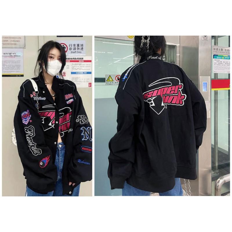 Womens Oversized Streetwear Embroidered Baseball Jacket Hip Hop Loose Fit Moto Style