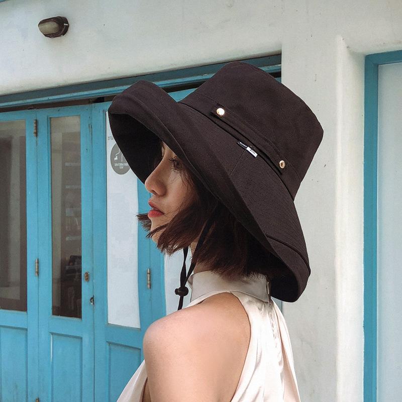 Japanese style hat women's large brim fisherman hat pure color anti-uv hiking sun hat neck protection windproof sun protection