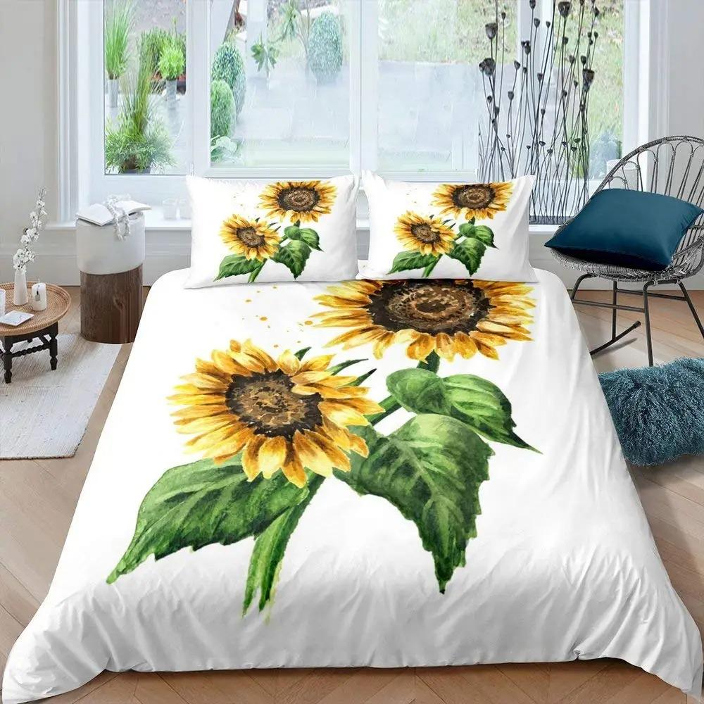 Sunflower Duvet Cover Set Blooming Sunflowers Field Print Bedding Set for Kids Modern Oil Painting Microfiber Comforter Cover