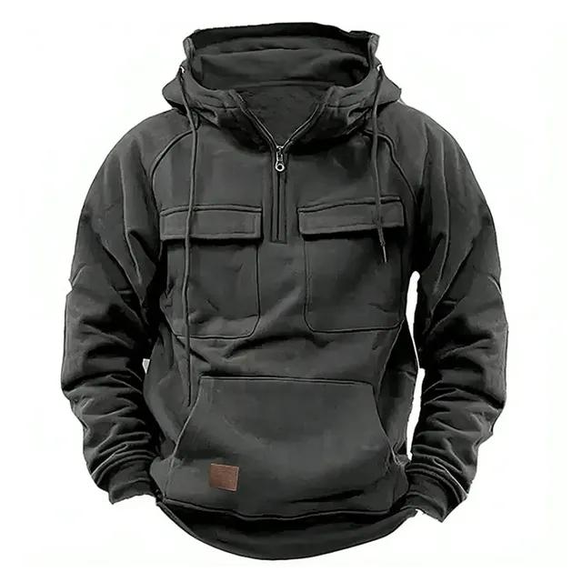 Half Zipper Men's Tactical Hoodies Solid Military Sweatshirts Multi Pockets Male Hooded Jackets Thick Outdoor Polar