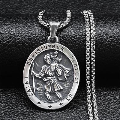 St. Christopher Protect Us Cross Medal Necklace Stainless Steel Archangel Saints Protect Necklace Beads