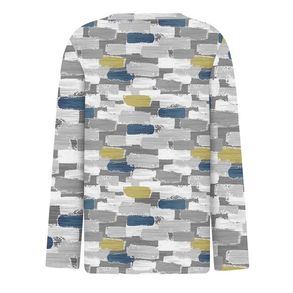 Women's Fashion Casual T-Shirt V-Neck Long Sleeve Geometric Patchwork Printed Top