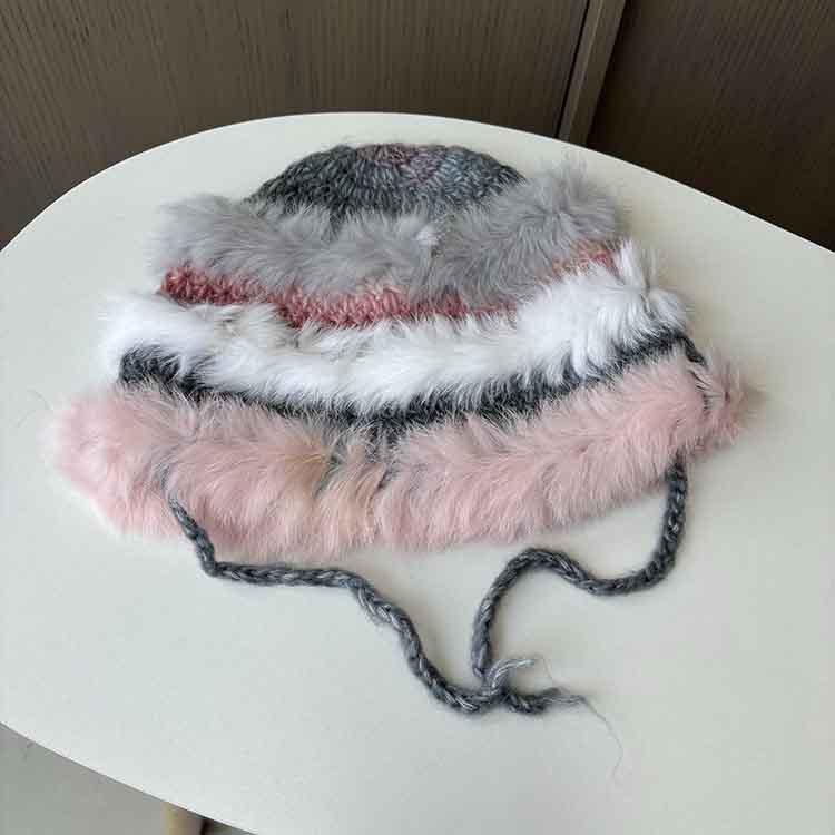 Dopamine contrasting color rabbit hair knitted wool hat children autumn and winter warm plush fashion versatile washbasin hat