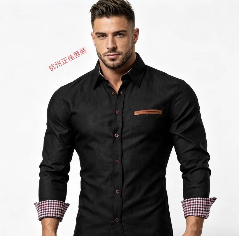 Herren Slim Fit Lässiges Jeanshemd mit langen Ärmeln und Leder-Patch-Tasche