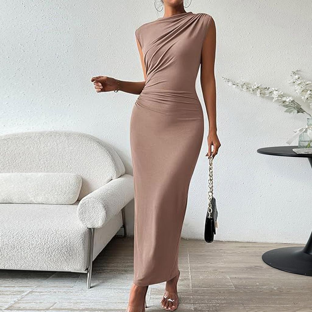 Women's Casual Sexy Solid Color Sleeveless Back Slit Pleated Tight Fitting Dress
