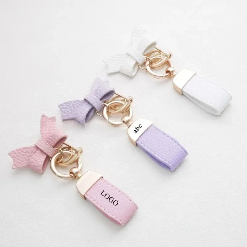 Custom Bowknot Leather Keychain Blank Laser Engrave Cute Hand Rope Car Ring Personalized Bag Decoration Key Chains