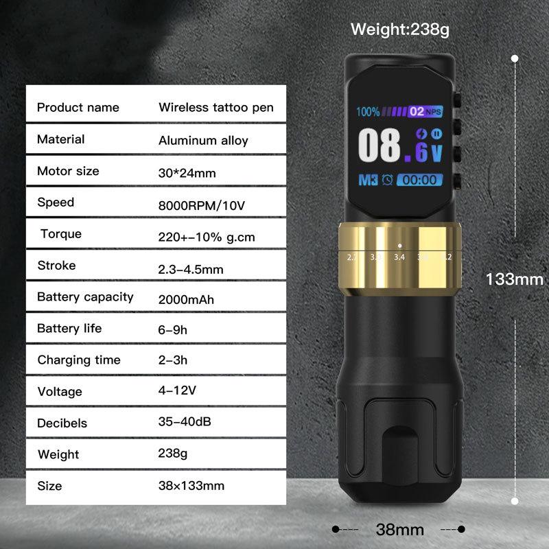 Wireless Adjustable Stroke Tattoo Pen with Color Screen, 2000mAh Capacity