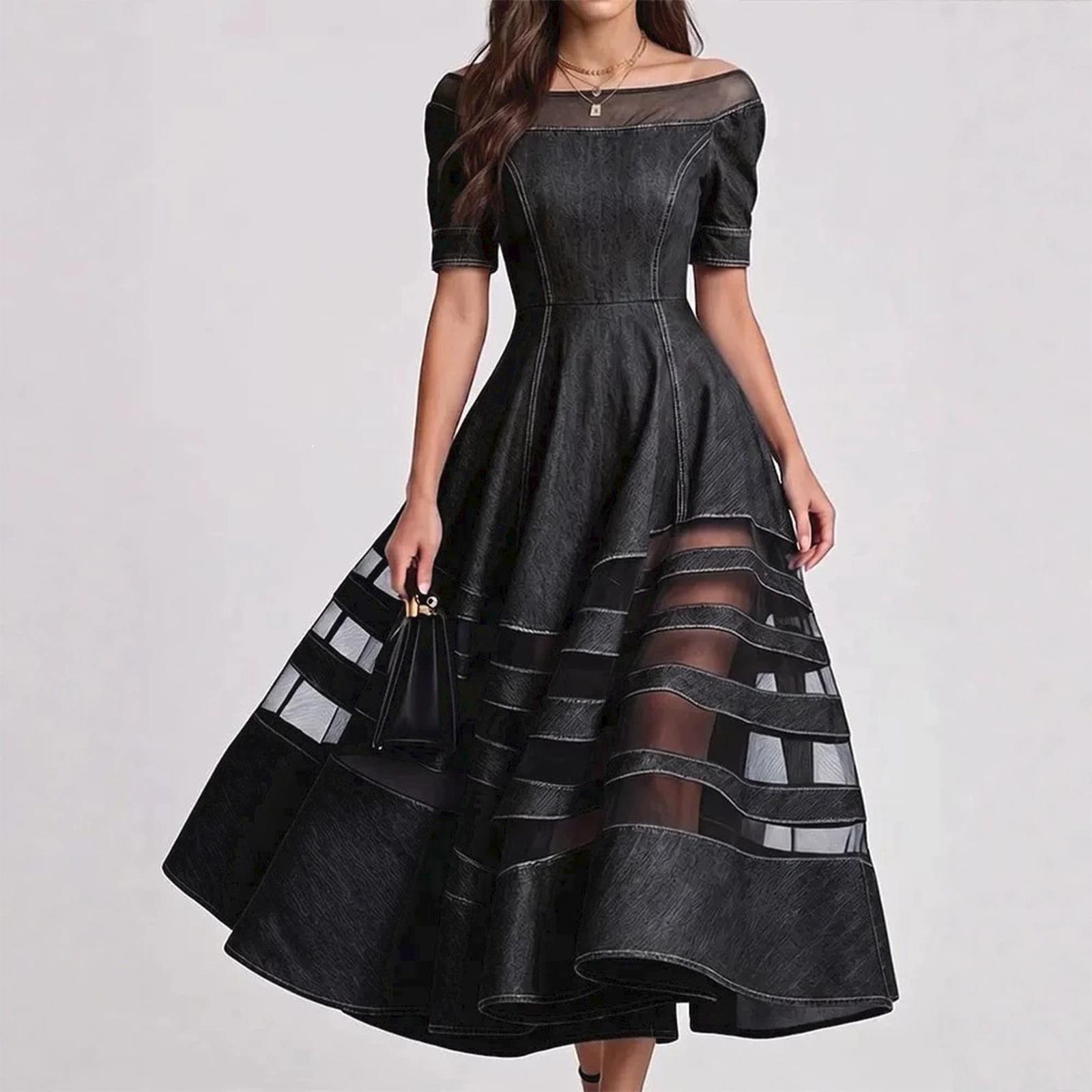 Women s Mesh Panel Midi Dress Fitted Waist Sheath Dress with Mesh Insert Slim Silhouette Midi Length Dress for Women L чёрный