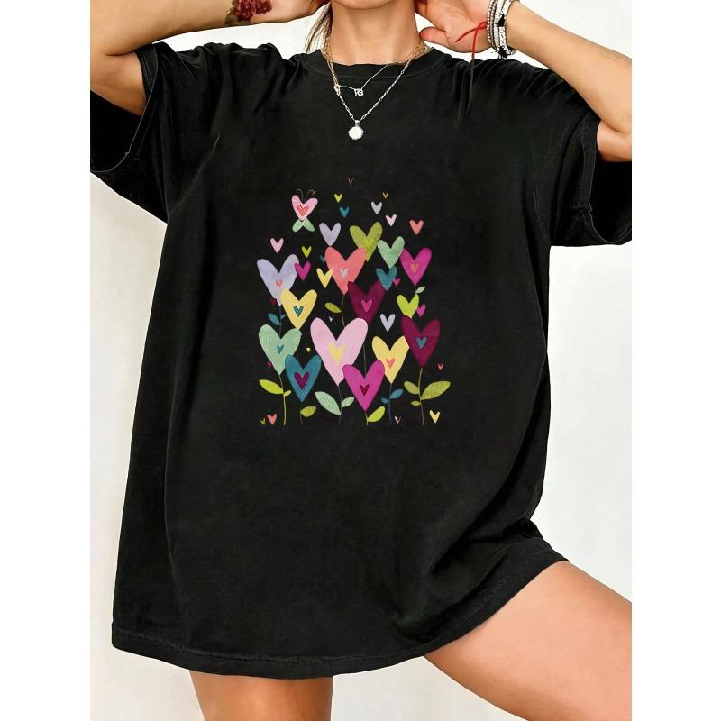 Black Oversized T Shirt With Colorful Hearts And Leaves Print For Casual Wear