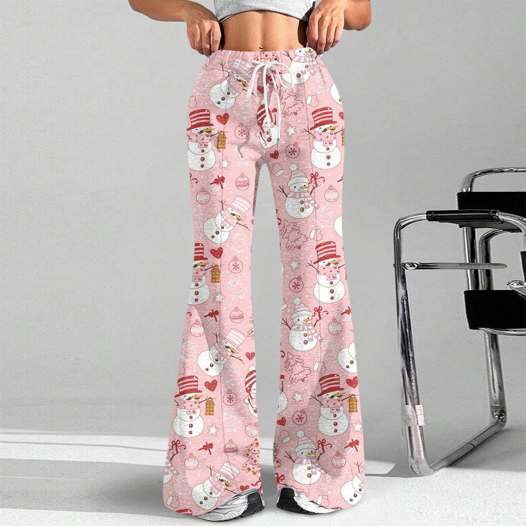 Women's Fashion Loose Drawstring Waist Christmas Printed Casual Sports Pants Casual Flared Pants