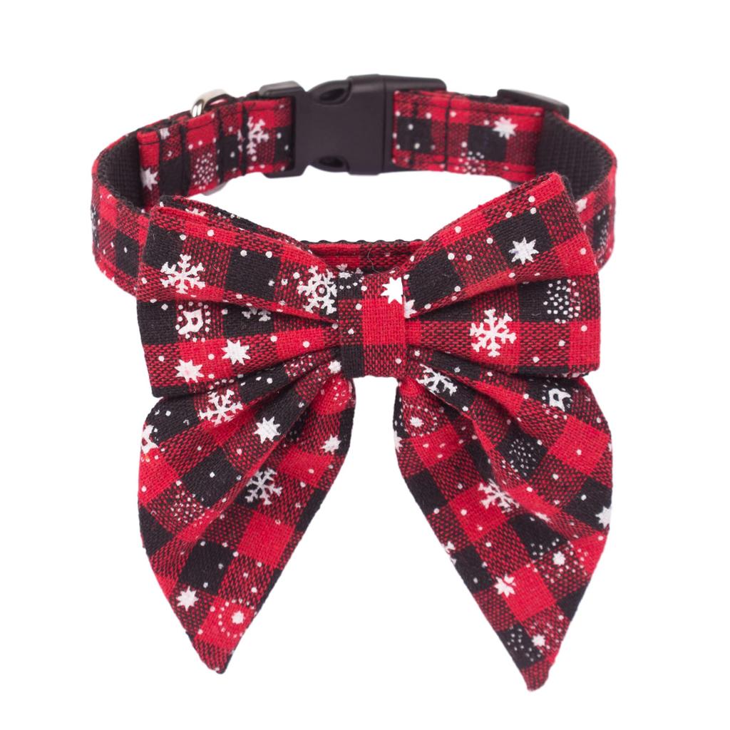 Christmas Dog Collar with Bow Adjustable Cotton Red Plaid Bowtie Dog Christmas Collars for Large Dogs Pets