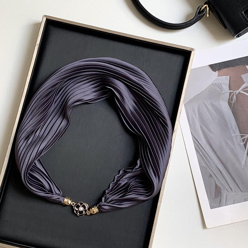New Monochrome Magnetic Variety Silk Scarf Necklace Women's Pleated Summer Sunscreen Headscarf Decorative Scarf