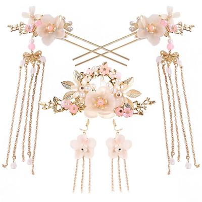 Headpiece Girls Crystal Chinese Fashion Handmade Flower Earrings Hanfu Hair Stick Hair Comb Headwear Sets