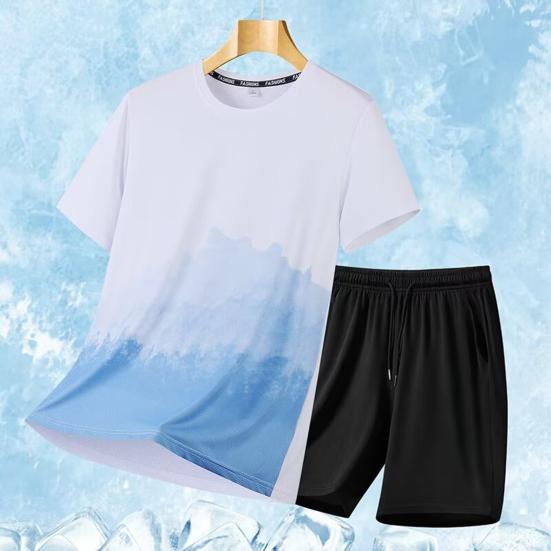 2Pcs/Set Men Summer Outfit O-neck Short Sleeve Printing T-shirt Elastic Drawstring Waist Shorts Set Loose Fit Quick Drying Sportswear