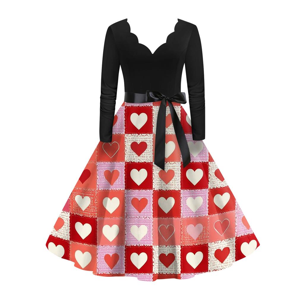 Damska stylowa i elegancka sukienka z długim rękawem, dekoltem w serek w kształcie serca na Walentynki